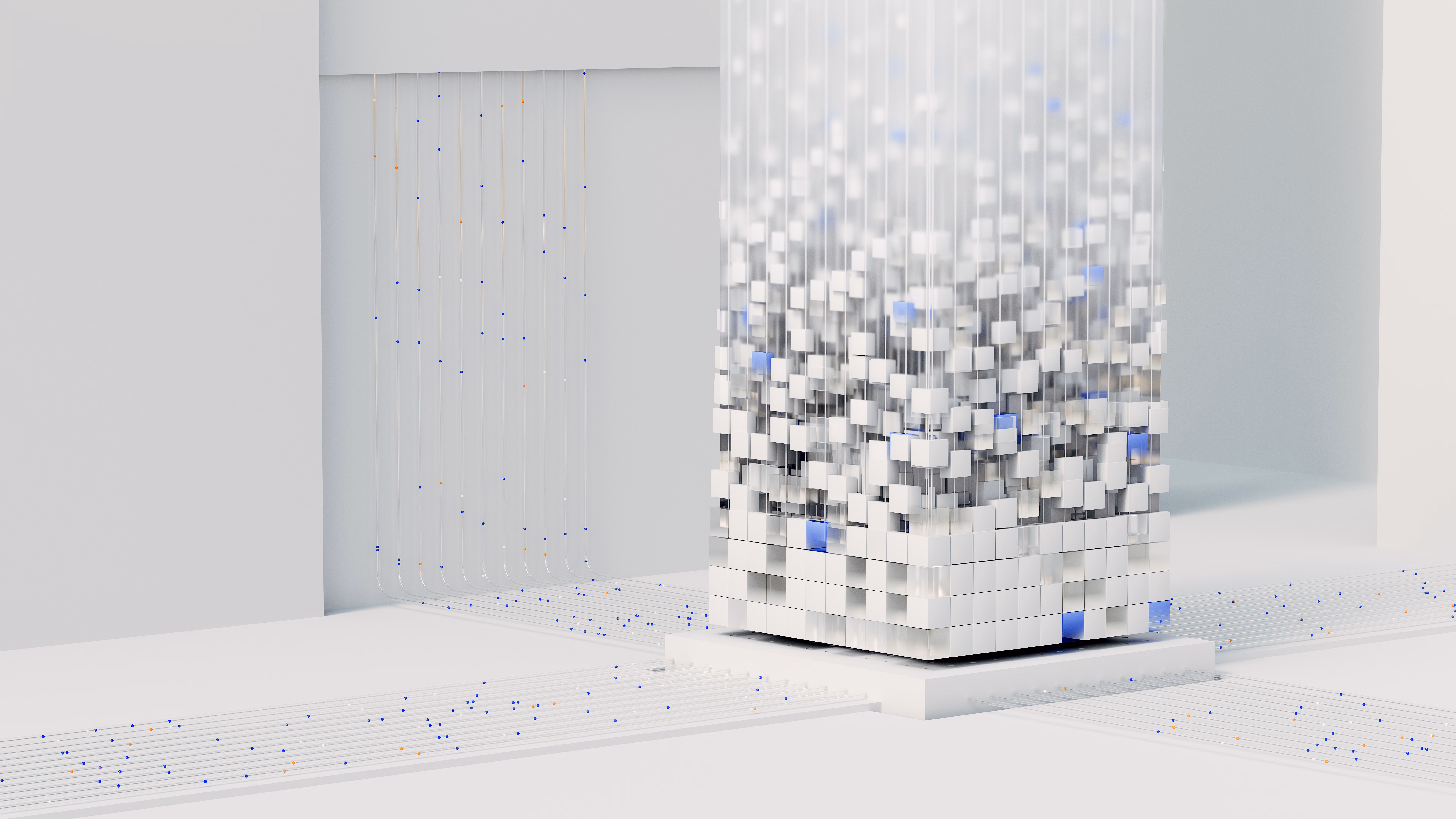 Abstract sculptural cube arrangement representing a connected technology ecosystem