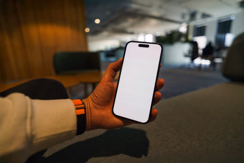 Hand in a modern office holding a smartphone with a blank screen
