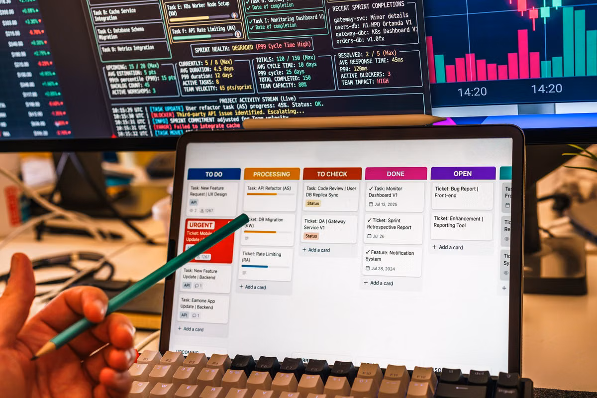 Business workflow setup with tablet and multiple screens displaying data charts